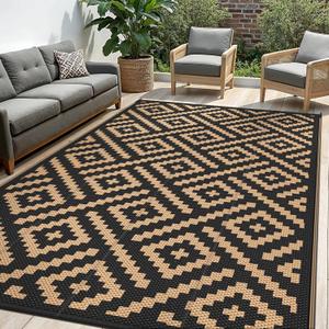 Outdoor Rug for Patio - Waterproof Plastic Straw Camping Rugs 4x6 ft, Reversible Outdoor Indoor RV Mat Carpet for Patio, Porch, Deck, Balcony, Picnic, Beach, Black Brown
