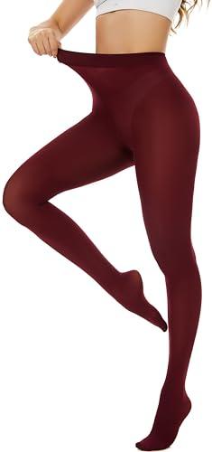 Hiltzo 80D Women's Tights Opaque Ultra Soft Solid Color Stretchable High Waist Footed Pantyhose with 25 Colors Wine Red-Large-X-Large