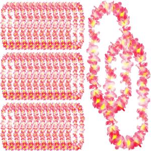 Jexine 50 Counts Hawaiian Leis Necklace Tropical Flower Leis for Luau Party Artificial Flowers Neck Loop for Decoration Beach Birthday Wedding Dance Garland Headbands (Pink)