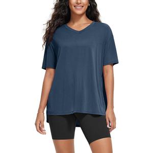 ODODOS Women's Split Hem Oversize Short Sleeve Shirts, Casual Lounge Yoga Tops, Dark Blue, Large