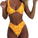 geluboao Bikini Set for Women Solid V Neck Knot Front Push Up High Leg Thong Two Piece Swimsuit (Medium, Yellow Floral)