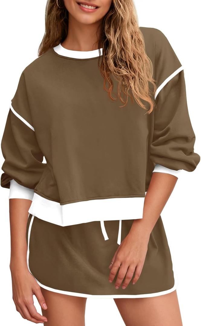 Fisoew Womens Sweatsuits 2 Piece Set Crewneck Sweatshirts High Waisted Skort Skirts Tennis Running Tracksuits Shorts Sets
