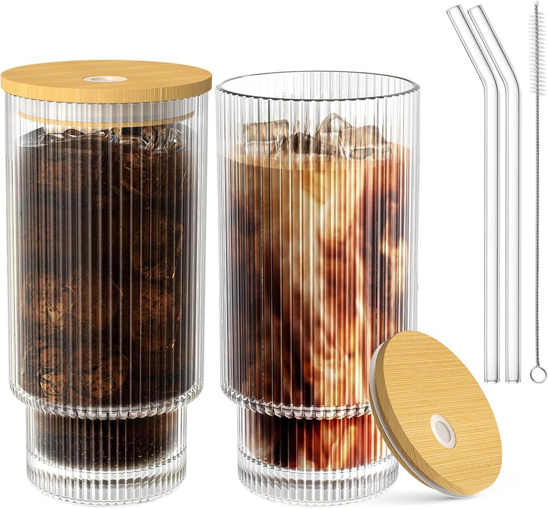 Glass Cups with Lid and Straw 2 Set, 16OZ Drinking Glasses for Whiskey Cocktail Beer, Glassware Set for Gift (2 SET)