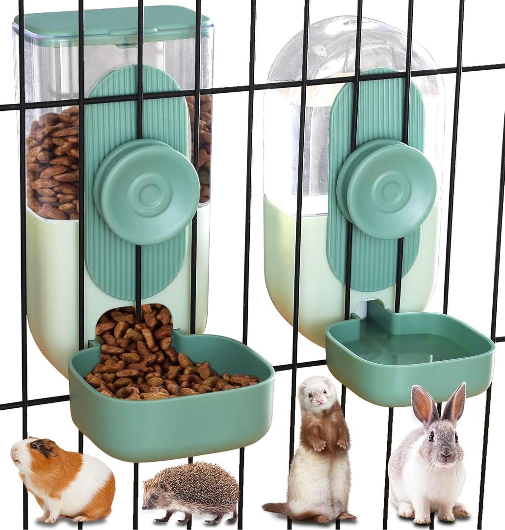 Kenond 35oz Hanging Automatic Pet Food Water Dispenser, Auto Gravity Pet Feeder and Waterer Set, Cage Cat Food Bowl Dog Feeding Station for Puppy and Kitten Rabbit Chinchilla Hedgehog Ferret (Green) 2 Pack