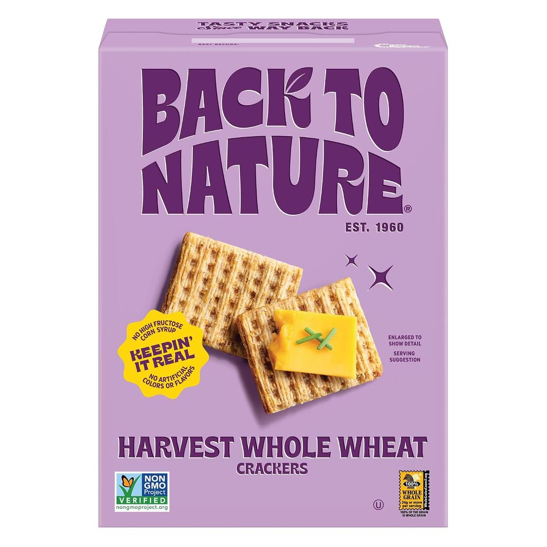 4-Pack Back to Nature Harvest Whole Wheat Crackers, Non-GMO,Plant-Based Snack Cracker, Made with Whole Grain Wheat & Sea Salt, Snack Happy, 7 oz Box