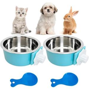 Hamiledyi Crate Dog Bowl Cat - Removable Stainless Steel Hanging No Spill Pet Bowl for Kennels Durable Detachable Design Fits Small Medium Dog Cages (2 Pcs, Blue
