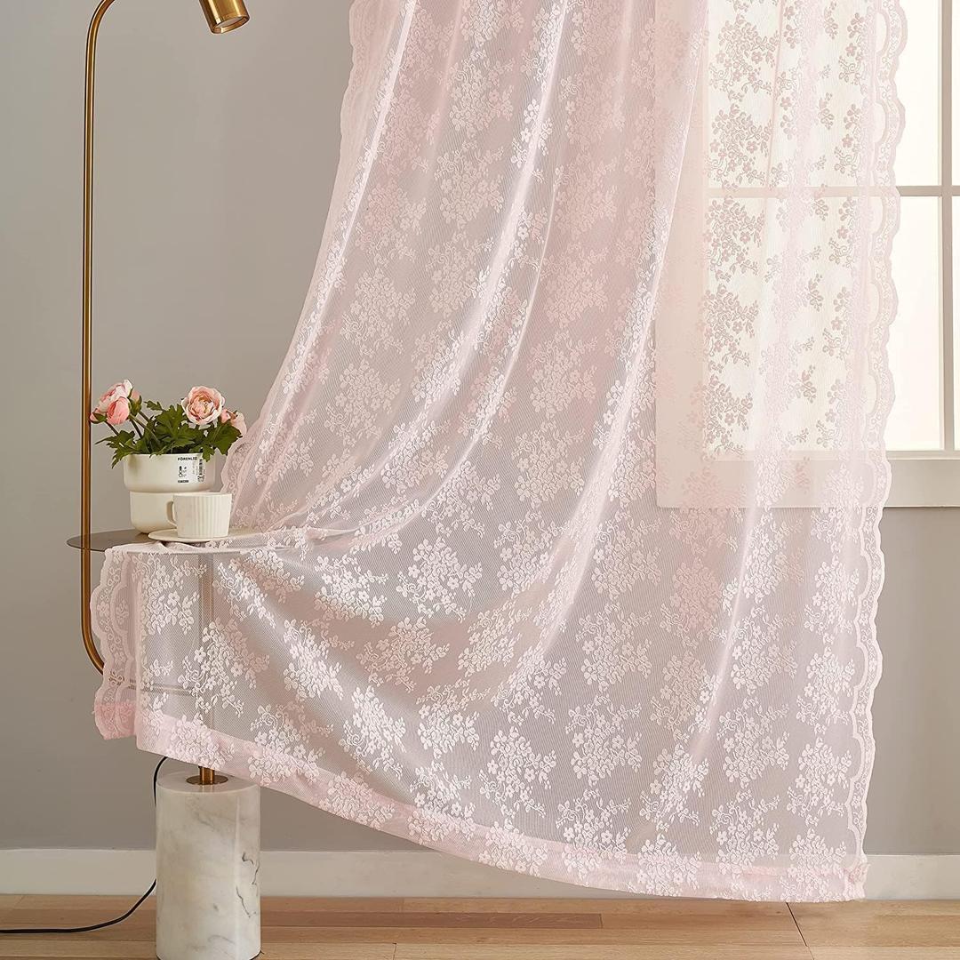 Light Pink Sheer Lace Scalloped Curtains 2 Panel Set for Baby Girls Room - Feminine Flowy Cute Girly Classroom Princess Decor - 54" W x 90" L