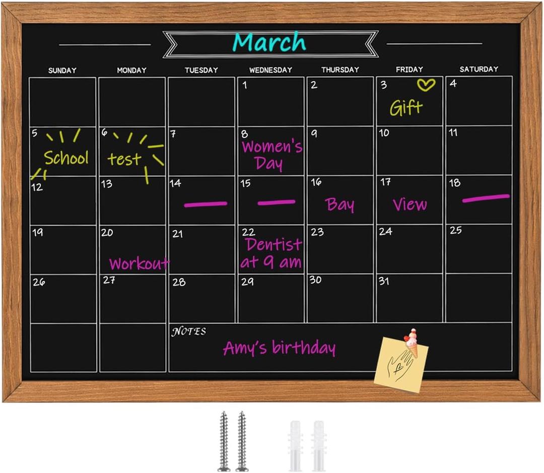 Calendar Chalkboard, 23.6" * 31.5", Magnetic Surface Rustic Brown Solid Pine Wood Frame Chalk Board for Planning/School Timetable/Memo, Hanging Board for Office, School and Home