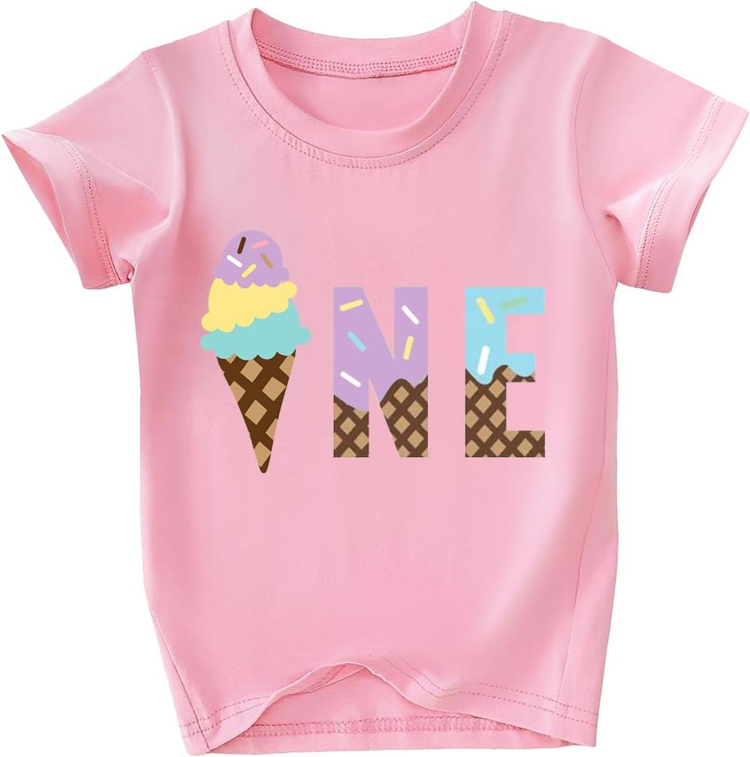 2 x Toddler Girls Ice Cream Print First Birthday Shirts for Baby Girls Cute One Years Old Outfit Pink (Pink)