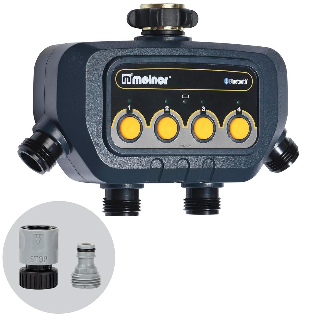 Melnor 65184AMZ Bluetooth Water Timer with 4Zone Control, 12 Programmable Start Times, Watering Delay, Manual Mode, WeatherResistant, 2 Piece Quick Connect Bundle, Black, Yellow