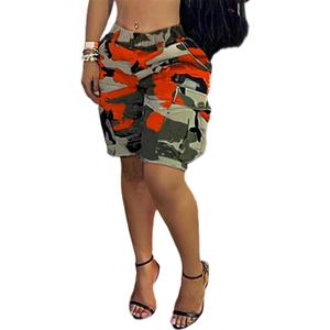 Famnbro Women Camo Shorts Slim Fit Camouflage Cargo Shorts Casual Army Fatigue Shorts with Pockets (Orange, Large)