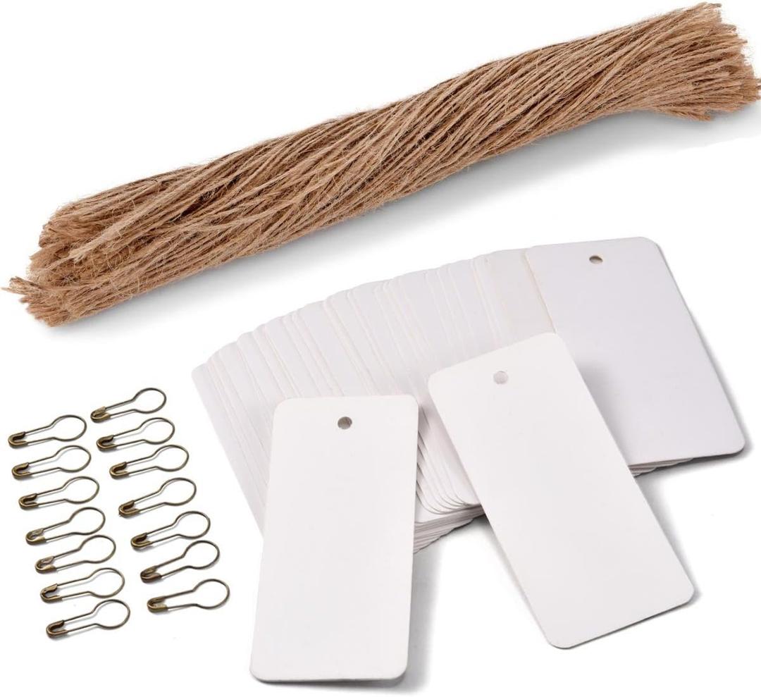 200PCS Price Tags with Pre Cut Jute String and Safety Pins,LOOMY Printable Blank White Paper Tags for Retail and Display