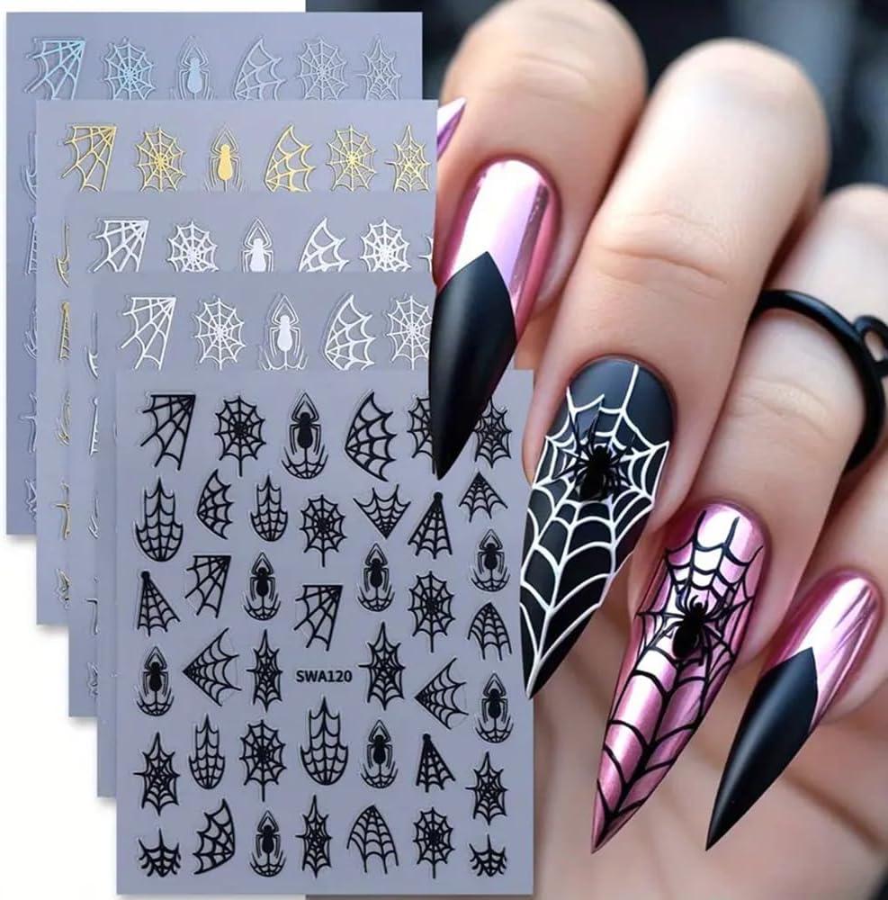 3 x 5 Sheets Halloween Spider Web Nail Stickers for Nail Art 3D Self-Adhesive Spider Web Nail Art Stickers White Black Silver Laser Gold Spider Nail Decals Holiday Nail Design Supplies for Women (W7)