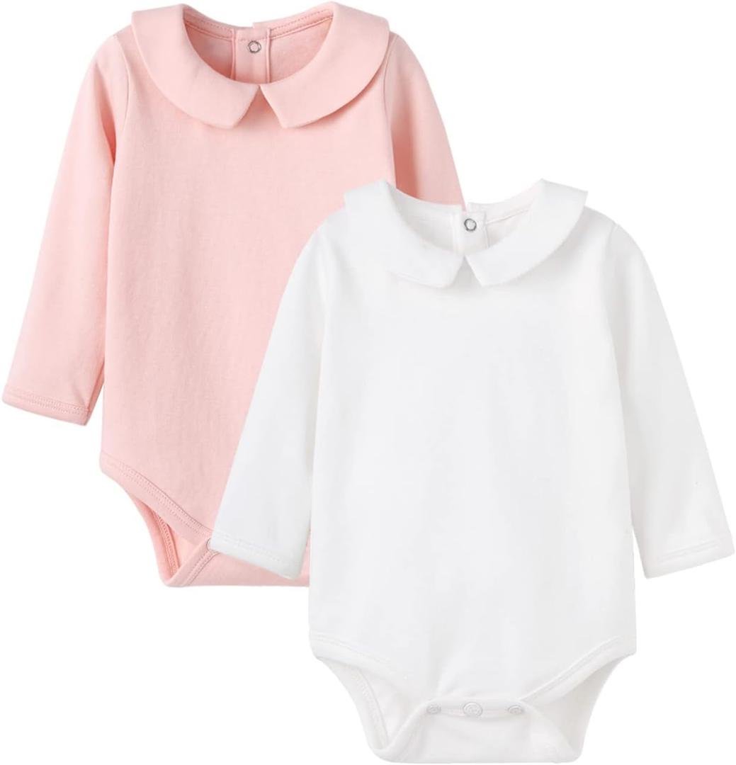 pureborn Baby Romper Bodysuits 2-Pack Unisex Soft Cotton One-Piece Outfit for Infant Boys Girls 0-24 Months (White + Pink)