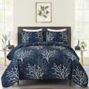 Navy King Size Quilt Set Branch Botanical Pattern Bedspread Coverlet Set, 3 Pieces Navy Blue Tree Floral Quilt Bedding Set, Soft Lightweight Microfiber Reversible Bed Cover for All Season, 96''x90''
