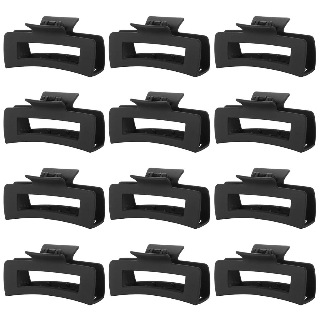 12 Pack Large Black Square Hair Claw Clips for Women, 4.3 Inch Matte Rectangle Claw Clips, Strong Hold & Non-Slip for Thick or Thin Hair