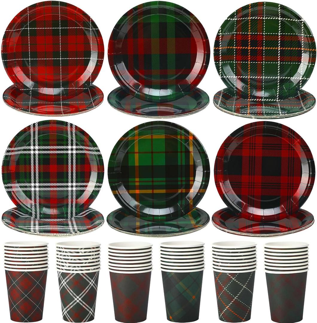 Mifoci 96pcs Christmas Plaid Tableware Set Christmas Paper Plates & Cups Red Green Black Tartan Plates for 48 Guests Xmas Party Supplies Disposable Dinnerware