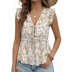 Acelitt Womens V Neck Ruffle Cap Sleeve Tie Front Tops,S-XXL (Large, Khaki)