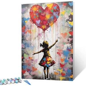Tucocoo Love Balloon Paint by Numbers Kits with Brushes and Acrylic Pigment on Canvas Painting for Adults, Banksy Little Girl Street Picture for Home Wall Decor Gifts 16''x20'' (DIY Framed) (Artwork-7)