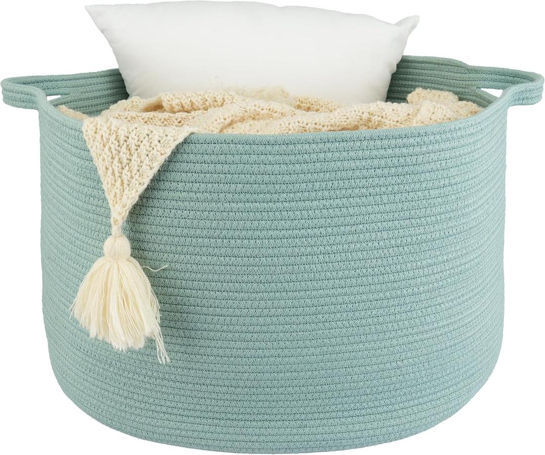 XUANGUO Extra Large Cotton Rope Basket 22"x14" Woven Storage Basket for Blankets, Toys, Laundry, and Nursery Round Baskets for Living Room, Kids, and Pets Light Green
