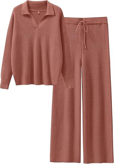 ANRABESS Women Two Piece Outfits Sweater Sets Lounge Waffle Knit Pullover Matching Wide Leg Pants Tracksuit 2026 Fall Fashion, Size S