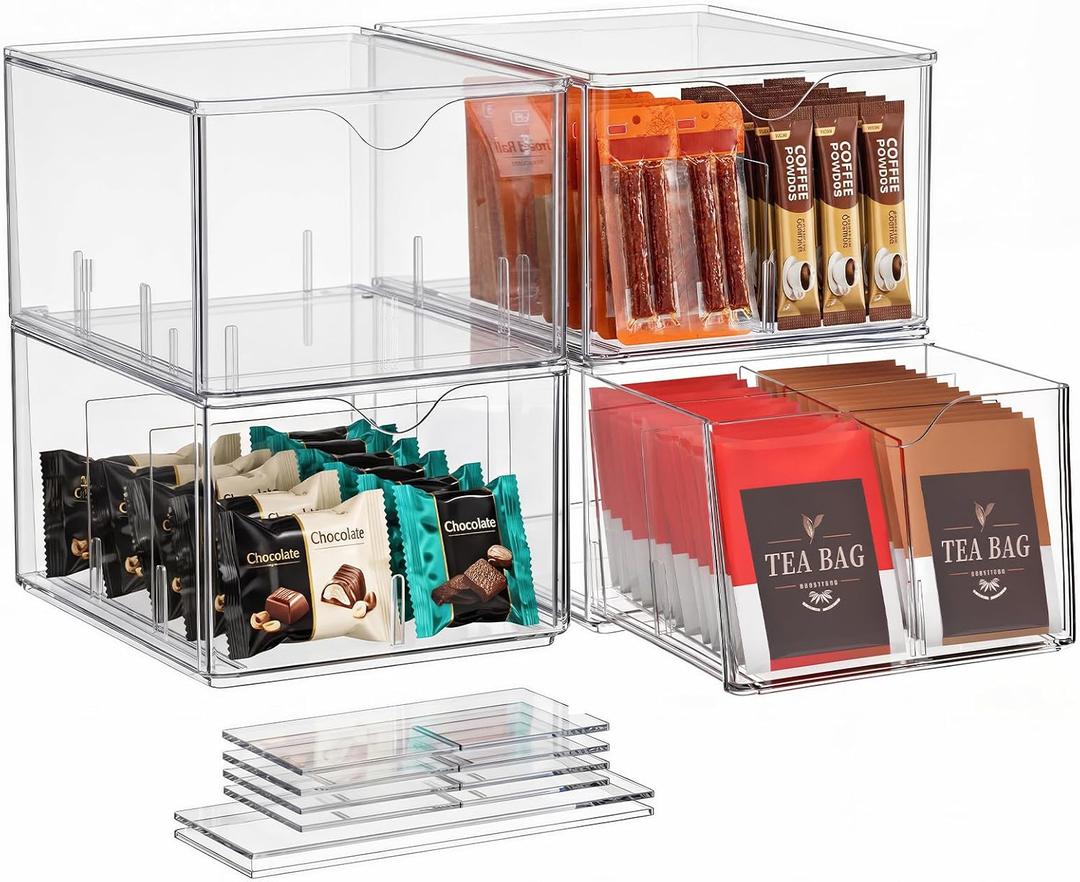 4 Pack Clear Tea Bag Organizers with 12 DIY Dividers, Stackable Tea Drawers