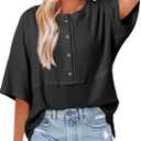 Dokotoo Womens Waffle Knit Tops 2026 Fashion 3/4 Sleeve Casual Button Down Shirts Crew Neck Oversized Patchwork Blouses, Medium