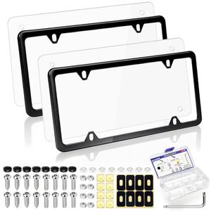 Drsvabze 2-Pack Clear License Plate Covers and Frames - Acrylic Car License Protector*2, Stainless Frame*2, Anti-Theft Standard Screws Set*8 and Self-Tapping Screws Set*8 in Storage Box for Front&Rear