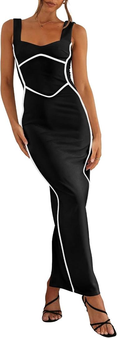 BTFBM Women Bodycon Maxi Dress Square Neck Sleeveless Contrast Binding Slit Cocktail Formal Wedding Guest Dresses 2025 (Medium, Black)
