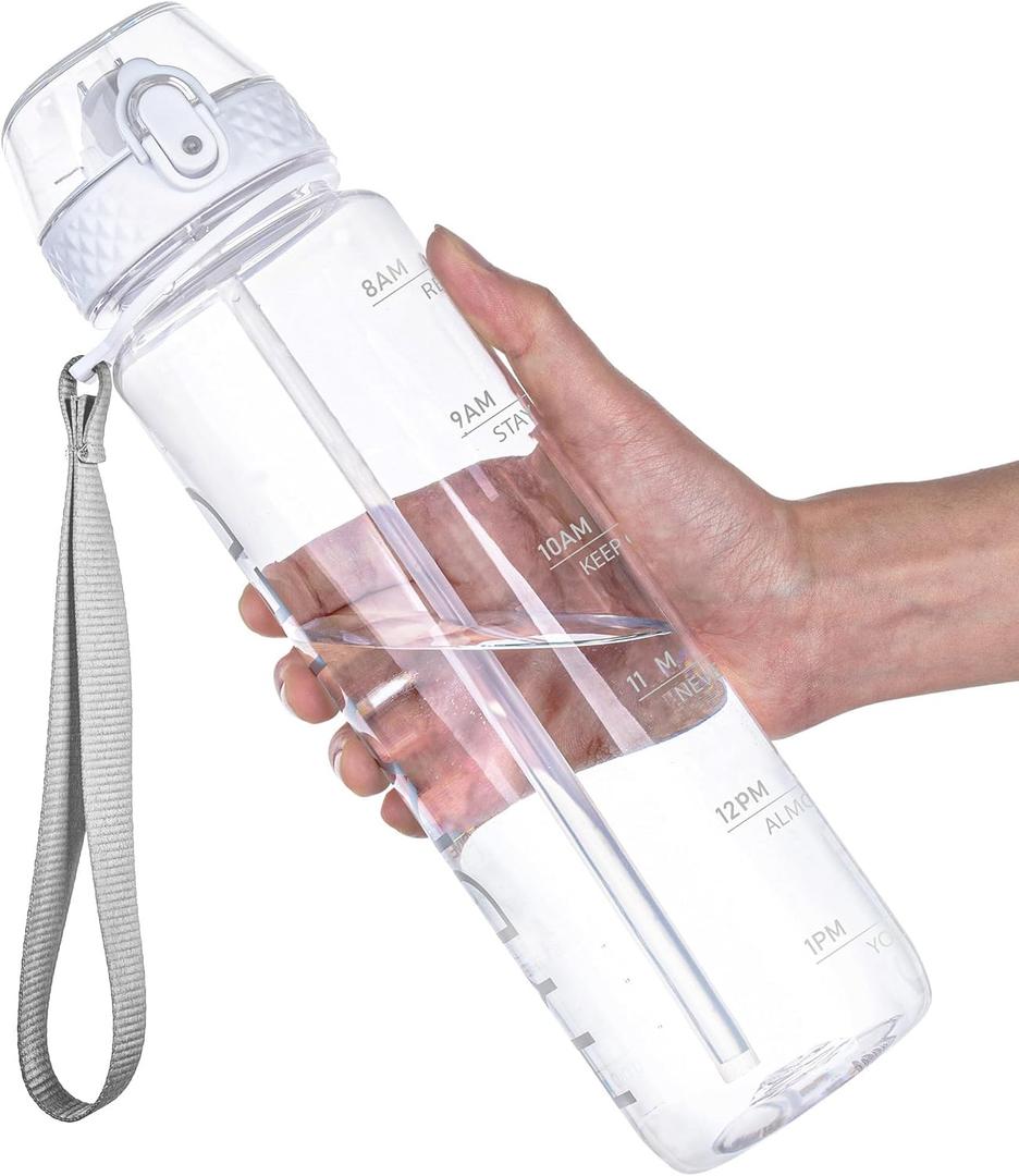 GOPPUS Water Bottles Clear Water Bottle with Straw 32oz Plastic Water Bottles BPA Free Tritan Wide Mouth Bottle Leakproof Motivational bottles water for Gym,Hiking,School or Office(1 Bottles)