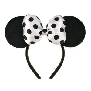 A Miaow 3D Black Velvet Headband Polka Dot Satin Bow Hair Clasp Women Adults Hair Accessory Party Costume Supply Holiday Park Headwear (Black and White)