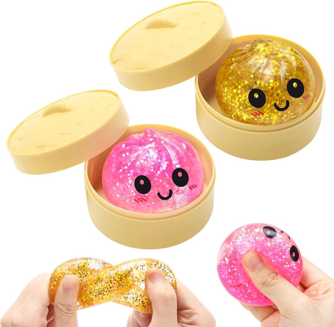2 pcs 2.0" Sugar Mini Glitter Dumpling Squishy Surprise Box – Cute Bao Bun Squishy Set with Steamer, Glittery Slow Rise Stress Relief Toys, Mystery Sensory Fidget for Kids Adults Fun Blind Bag Gift