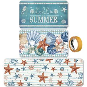 3 Pcs Summer Beach Kitchen Rug and Mats Sets Coastal Starfish Seashell Floor Mat Non Slip Blue Nautical Ocean Decor Rug for Kitchen Home Sink Standing Farmhouse Laundry