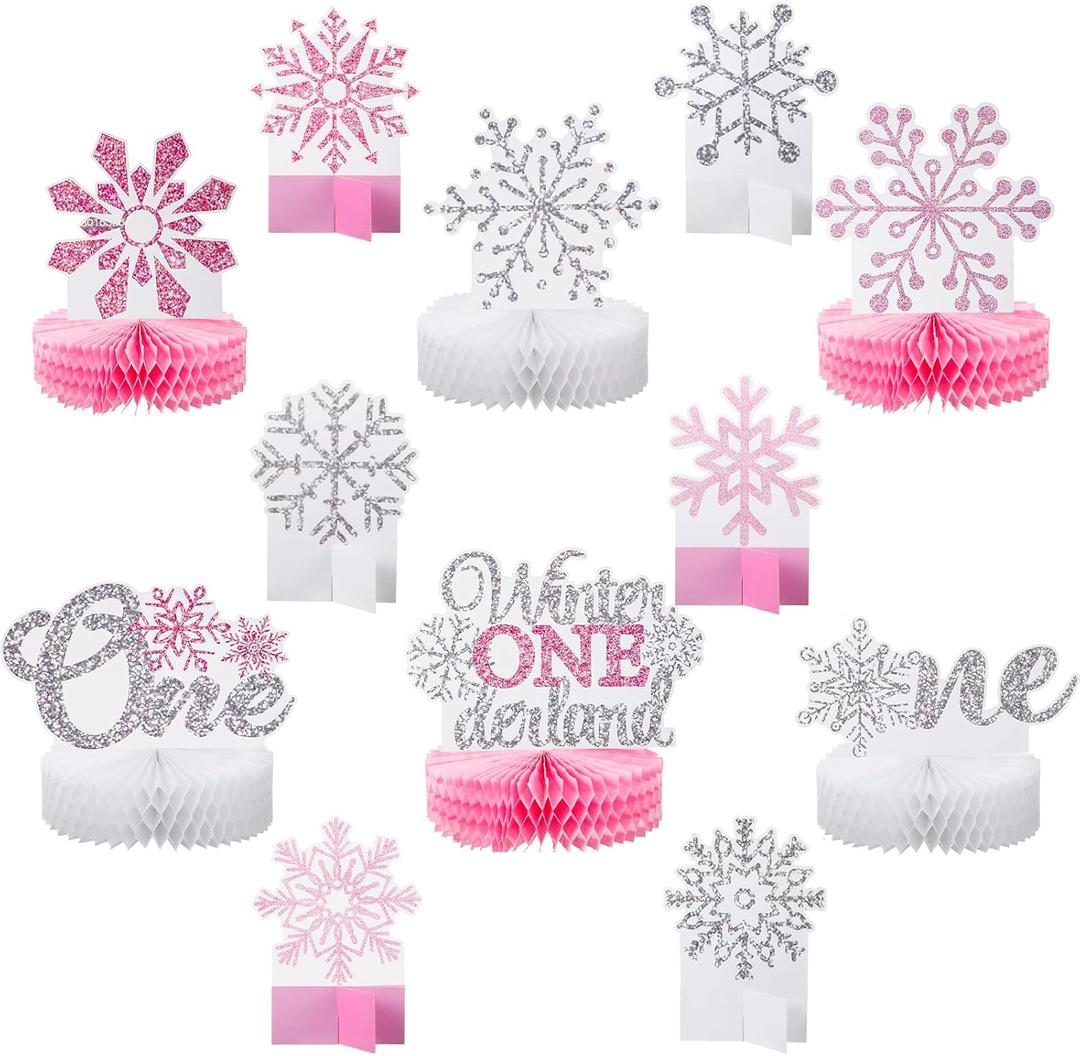 Lincia 12 Pcs Winter Onederland 1st Birthday Decorations Pink Snowflake Honeycomb Wonderland Table Centerpieces for Snowflake Birthday Party Supplies