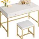 SUPERJARE 35.4" White and Gold Desk with 2 Drawers, Modern Makeup Vanity with Padded Stool, Small Computer Desk Home Office Desk for Writing Study Bedroom