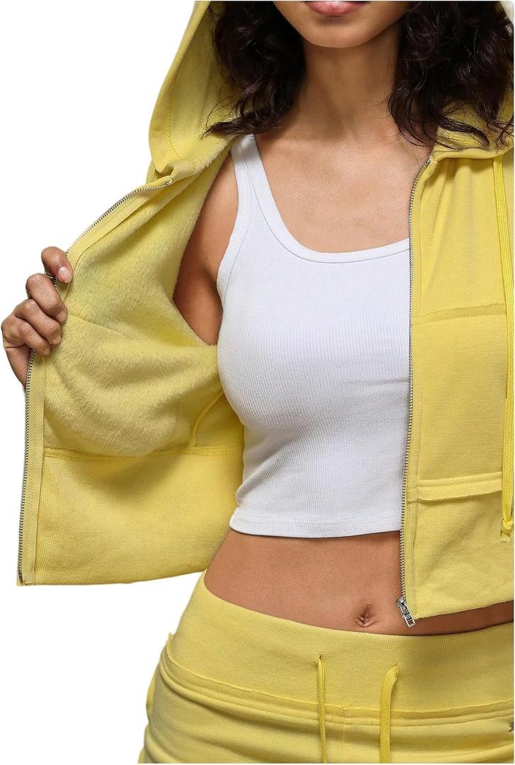Verdusa Women's Zip Up Cropped Hoodies Long Sleeve Drawstring Hooded Sweatshirts (Large, Yellow)