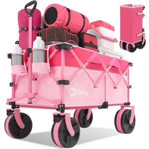 220L Wagons Carts Foldable with Big All-Terrian Beach Wheels, Collapsible Heavy DutyWagon with Cup Holders, Extra Large Folding Wagon,Foldable Wagon for Camping, Garden, Sports, Pink