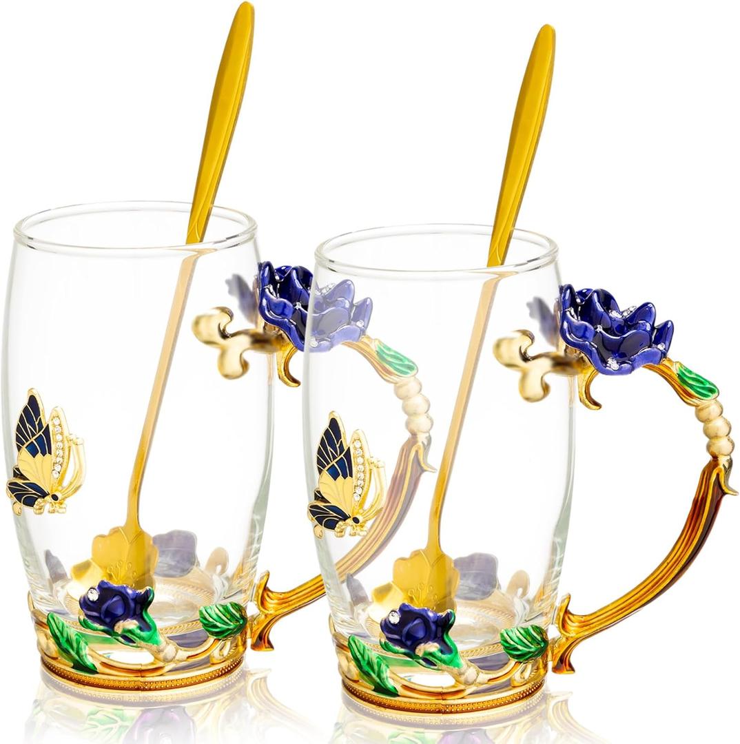 Tioncy 2 Sets Gifts for Mom Birthday Gifts for Mom Women Enamel Flower Glass Tea Cup with Spoon Enamel Glass Coffee Mugs for Wife Sister Grandma, Mother's Day Graduation Retire Gifts(Blue)