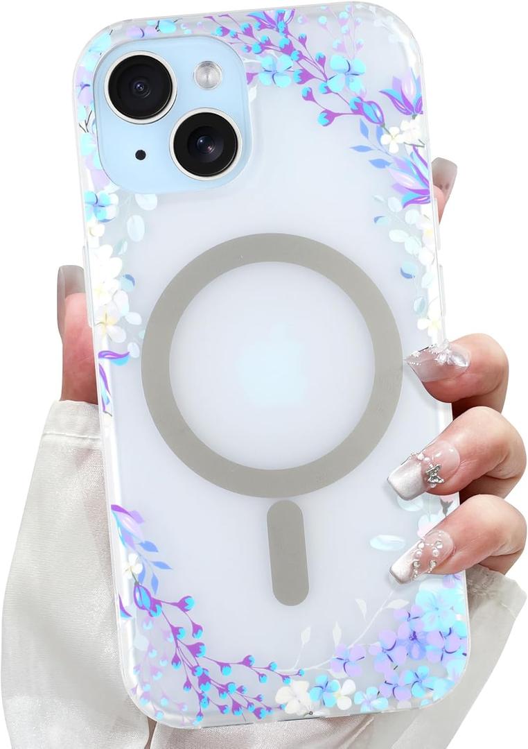 LSL Designed for iPhone 15 Case [Drop Protection/Compatible with Magsafe] Cute Flower Magnetic Phone Case for Women Girly TPU Bumper Floral Cover Purple