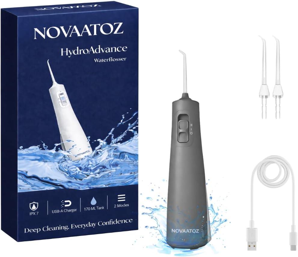 HydroAdvance Cordless Water Flosser for Teeth & Gums | Rechargeable Portable Oral Irrigator for Braces & Travel | Pulse Cleaning with 2 Flossing Tips | Waterproof Dental Care Device (Gray)