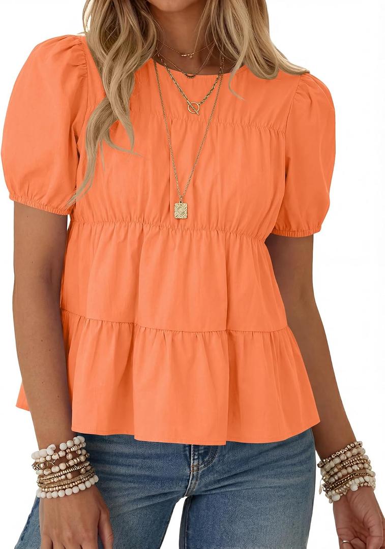 Rapbin Womens Puff Short Sleeve Babydoll Tops Summer Peplum Pleated Cotton T Shirts Casual Loose Fit Flowy Blouses, XXL