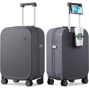 Mixi Carry On Luggage with Cup Phone Holder Hard Shell Rolling Travel Suitcase with Spinner Wheels,20 Inch Rock Grey