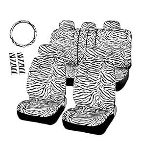 Audel Zebra Car Seat Covers for Full Set with 2 Seat Belt Pads & Universal 15 Inch Steering Wheel Cover Fit for Cars, Trucks, SUV, or Van