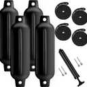 Boat Fenders 4 Pack, Ribbed Twin Eyes Boat Fenders Bumpers for Docking, Inflatable Marine Boat Bumper with 4 Ropes, 4 Needles and 1 Pump (black)