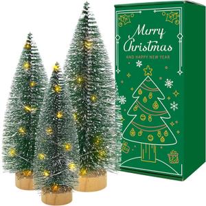 3 PCS Mini Bottle Brush Christmas Trees with Lights, Miniature Tabletop Christmas Tree for Christmas Decorations Indoor, Desktop Pine Tree Xmas Holiday Decor