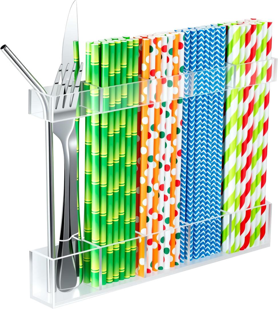 CIEO Straw Organizer for Cabinet Door Storage, 9.5" Large Acrylic Holder for Reusable Tumbler Straws Chopsticks Spoons, Adhesive Under Cabinet Mount Kitchen Container (Transparent)