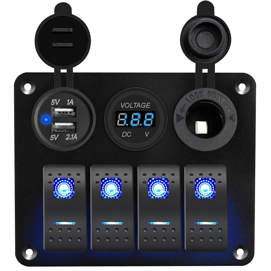 4 Gang Waterproof Marine Boat Rocker Switch Aluminum Panel with 12V LED Digital Display Voltmeter and 3.1A Dual USB Slot Socket and Cigarette Lighter Power Socket for Boat Car Rv Vehicles Truck