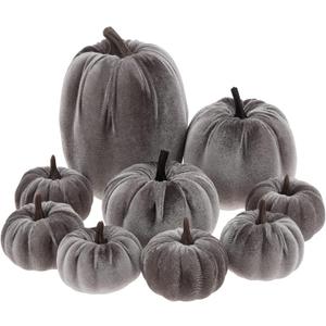 9Pcs Fake Small Pumpkins Velvet Fabric Pumpkin Assorted Halloween Kitchen Decorations Fall Table Centerpiece Thanksgiving Farmhouse Grey