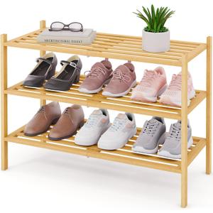 Smiry Bamboo Shoe Rack 3-Tier, Stackable Wooden Shoe Organizer for Entryway & Closet, Free Standing Wood Shoe Storage Shelf for Front Door & Small Spaces, Natural, 3 Tier-Regular