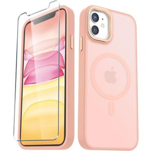 for iPhone 11 Case, Matte Magnetic Phone Case with 1 Screen Protector, Compatible with Magsafe, Translucent Frosted Slim Shockproof Protective Cover for iPhone 11 6.1 inch, Pink
